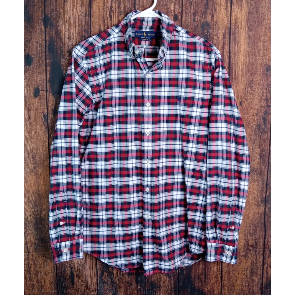 Ralph Lauren Mens Custom Fit Plaid Button Down Shirt Red Navy Blue Small